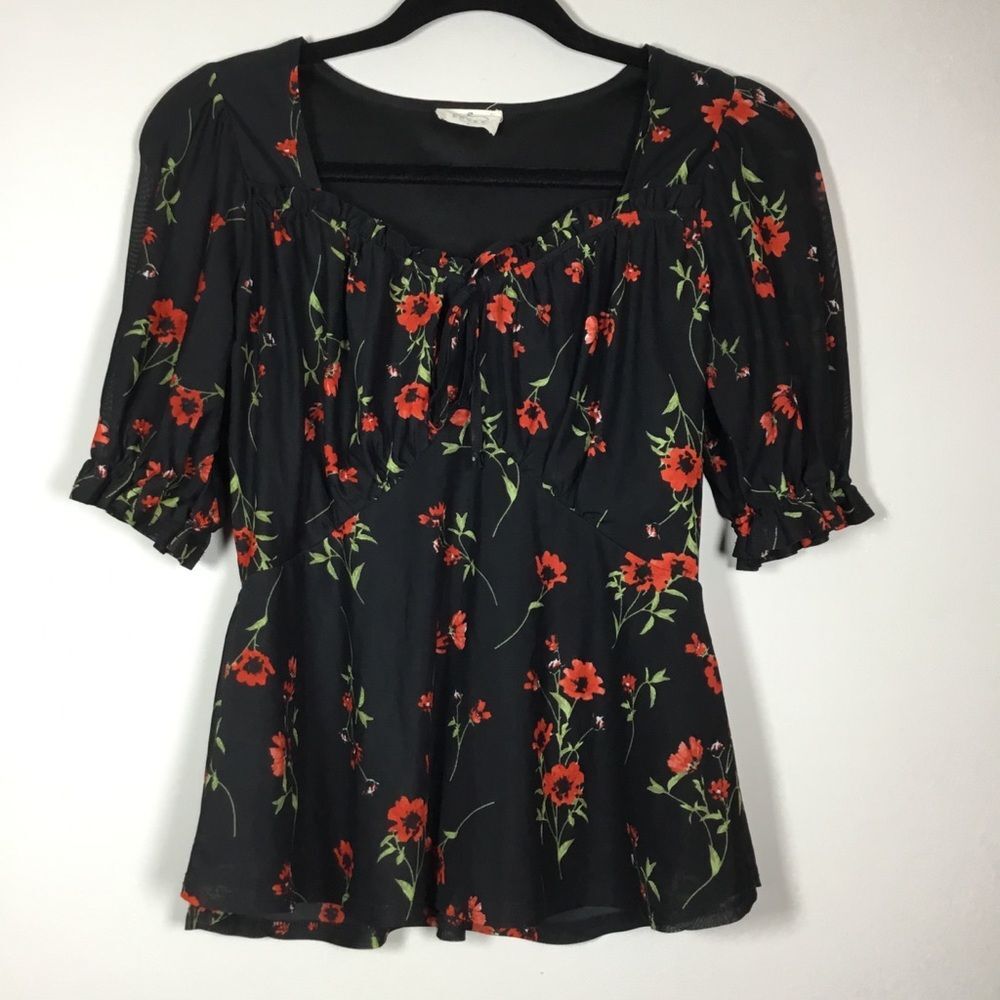 Black floral floaty babydoll top sheer short sleeves flare waist dark fairy S